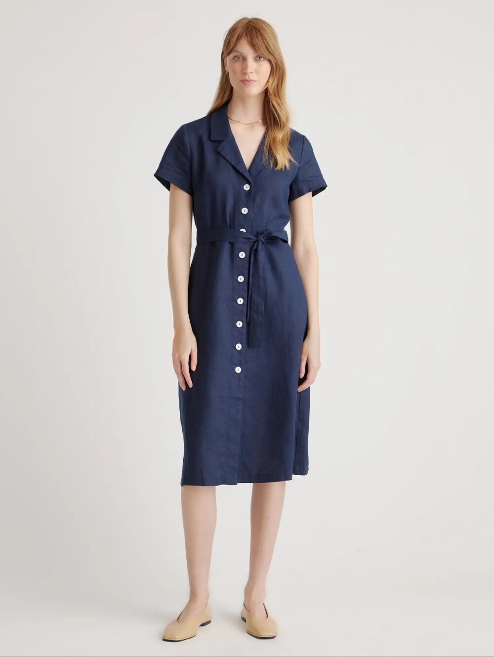 Quince European Linen Button Front True Navy Button-Front Tie-Waist Midi NWT